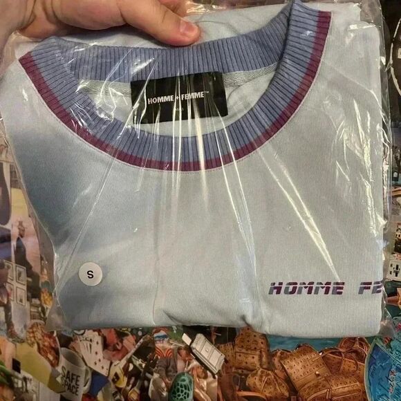 NWT Homme Femme Light Blue Purple Collar Tee Shirt - Picture 3 of 4